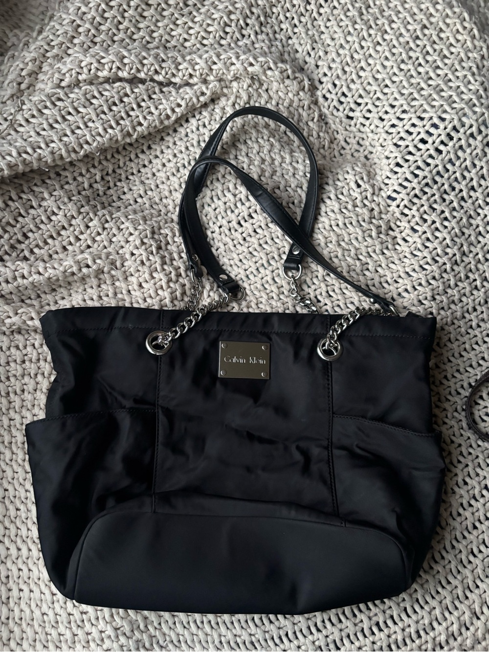 Calvin Klein Black Nylon Tote with Chain-Accent Straps